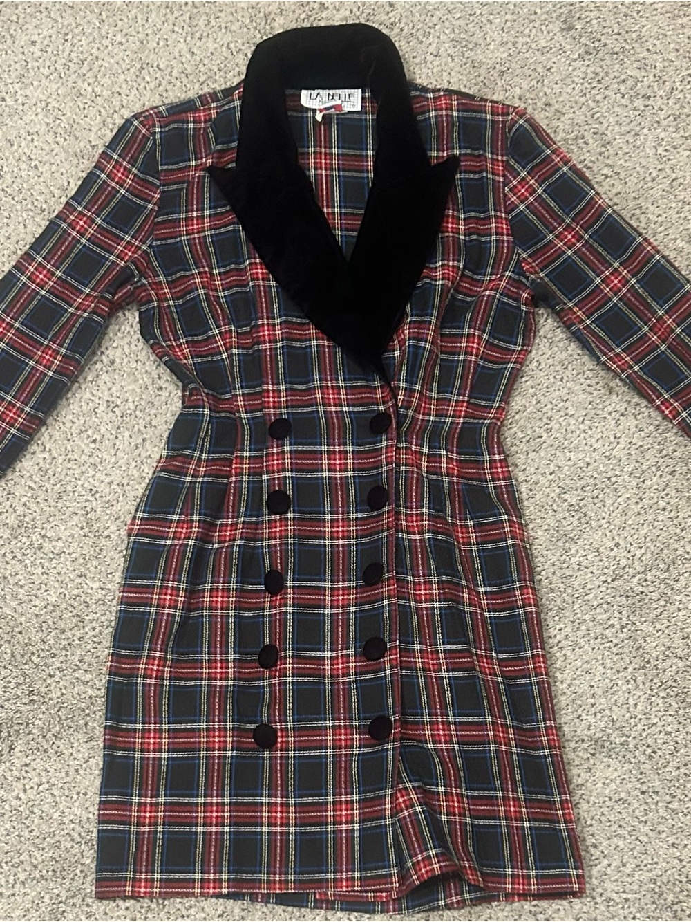 Vintage La Belle Red & Navy Plaid Double-Breasted Dress with Black Velvet Collar